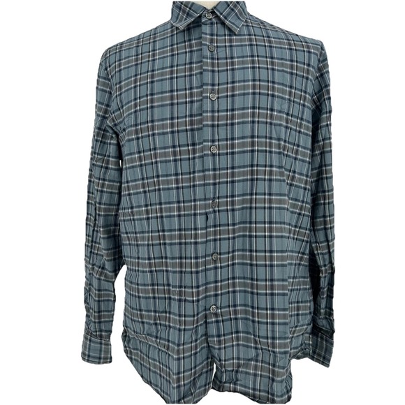 John Varvatos Other - Mens Blue Plaid Cotton Long Sleeve Button Up Collared Dress‎ Shirt L Workwear